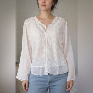 Johnny Was White Sheer Embroidered Boho Top Cardigan Set Size M